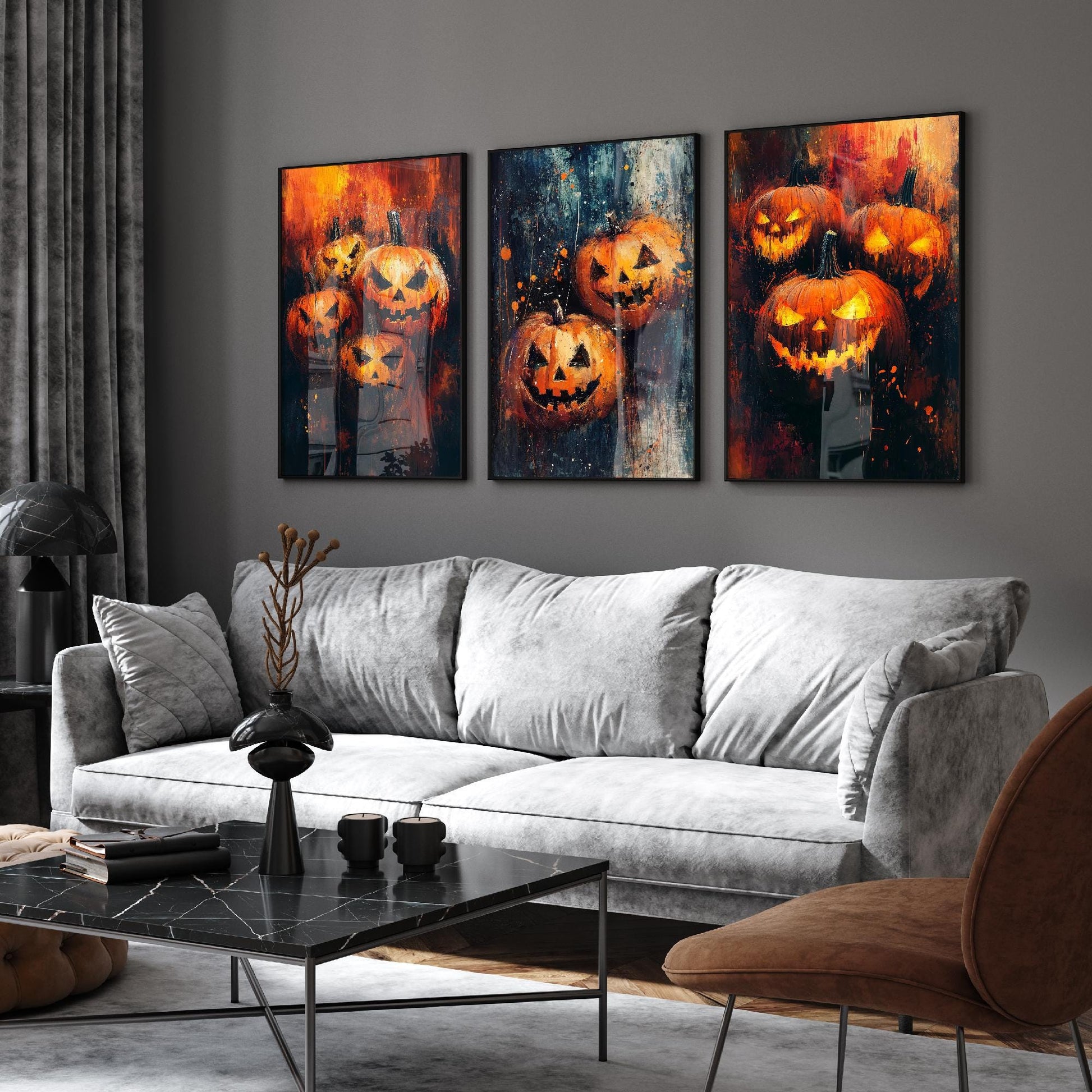 Halloween Pumpkin Brush Strokes Set of Three Paintings - 3 Orange Carved Spooky Art Prints - Poster Wall Gift Giclée Holiday Décor