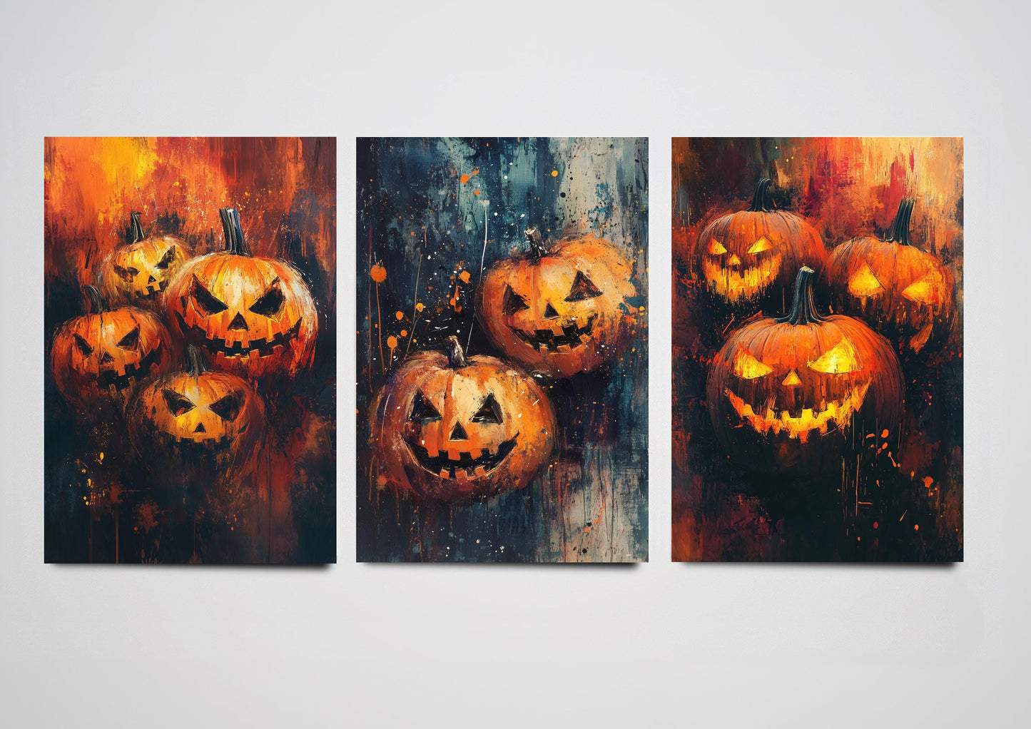 Halloween Pumpkin Brush Strokes Set of Three Paintings - 3 Orange Carved Spooky Art Prints - Poster Wall Gift Giclée Holiday Décor