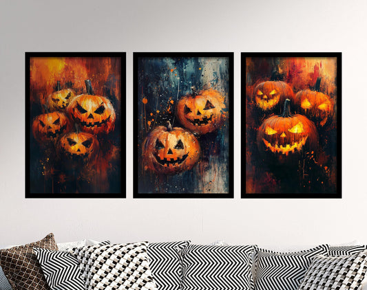 Halloween Pumpkin Brush Strokes Set of Three Paintings - 3 Orange Carved Spooky Art Prints - Poster Wall Gift Giclée Holiday Décor