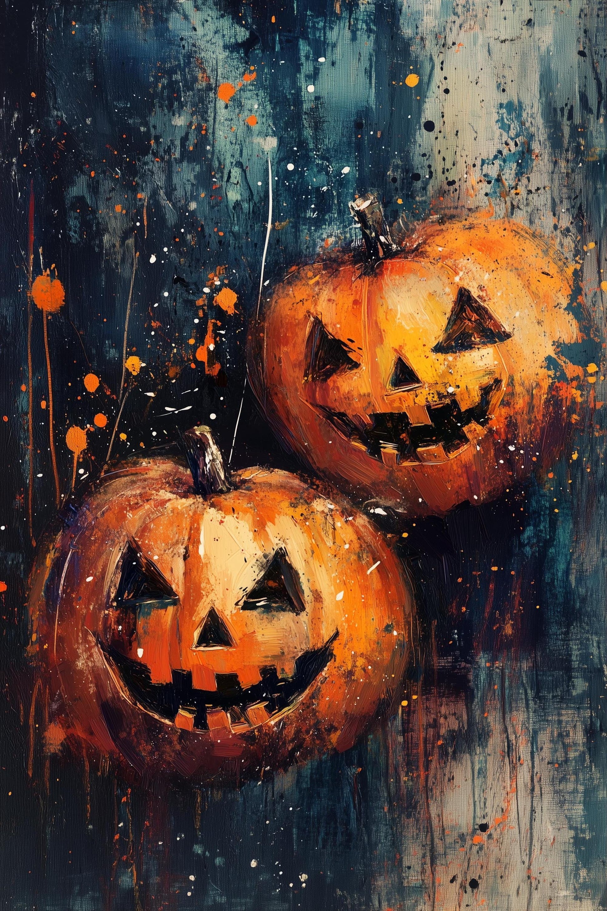 Halloween Pumpkin Brush Strokes Set of Three Paintings - 3 Orange Carved Spooky Art Prints - Poster Wall Gift Giclée Holiday Décor