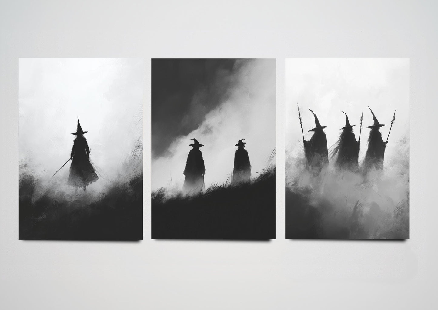 Witches in Halloween Fog Set of Three Art Prints - 3 Spooky Cloak Paintings - Poster Wall Gift Giclée Holiday Creepy Horror B&W Greyscale