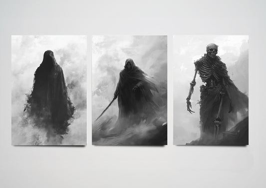 Hooded Skeleton in Halloween Fog Set of Three Art Prints - 3 Spooky Paintings - Poster Wall Gift Giclée Holiday Creepy Horror Greyscale