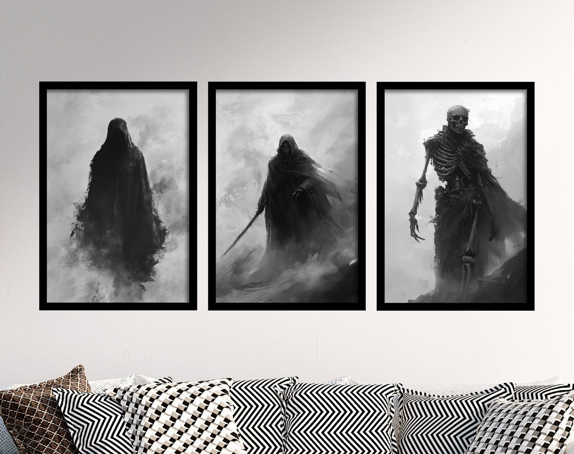 Hooded Skeleton in Halloween Fog Set of Three Art Prints - 3 Spooky Paintings - Poster Wall Gift Giclée Holiday Creepy Horror Greyscale