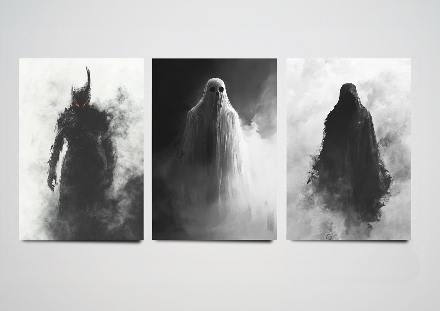 Nightmares in Halloween Fog Set of Three Art Prints - 3 Demon, Ghost and Grim Reaper Paintings - Poster Wall Gift Giclée Holiday Greyscale