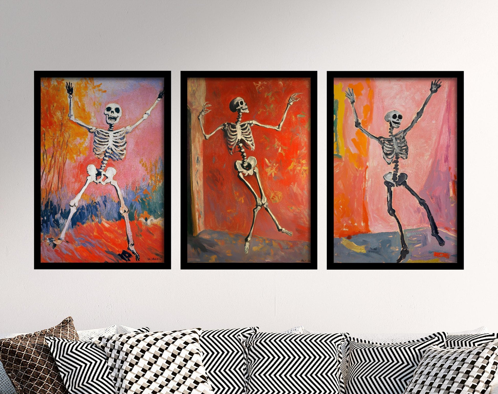 Halloween Dancing Skeleton Set of Three Art Prints - 3 Funny Paintings - Poster Wall Gift Giclée Holiday Bones Laughing Humour