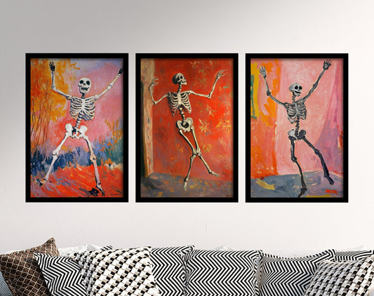 Halloween Dancing Skeleton Set of Three Art Prints - 3 Funny Paintings - Poster Wall Gift Giclée Holiday Bones Laughing Humour