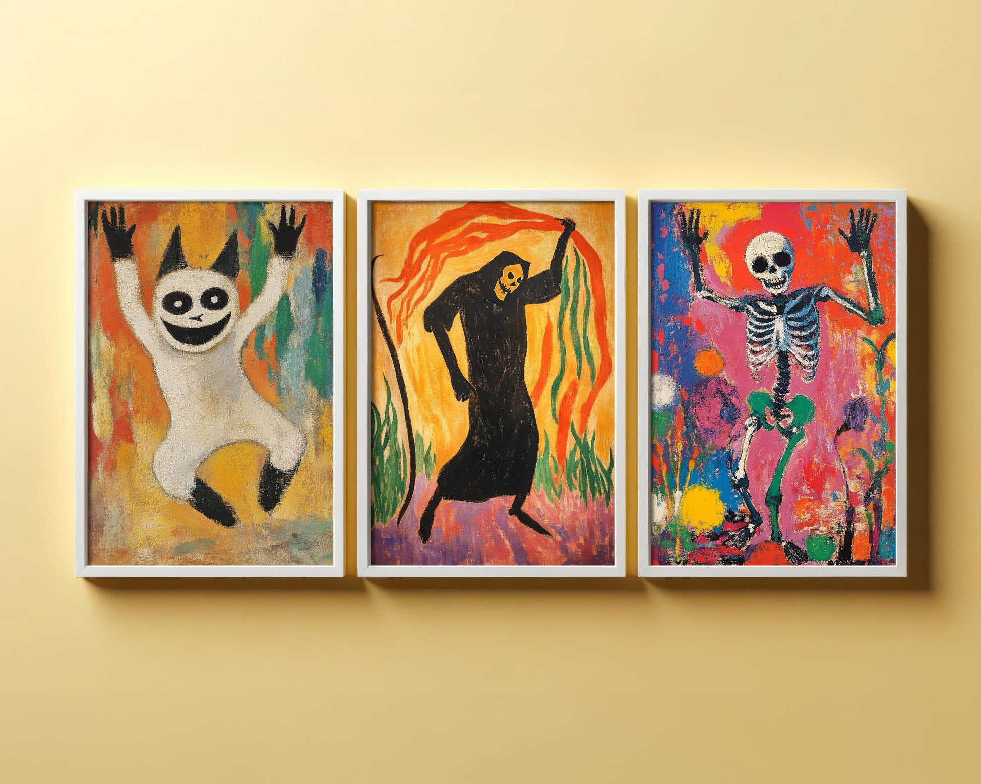 Halloween Dancing Characters Set of Three Art Prints - 3 Funny Ghost, Grim Reaper and Skeleton Paintings - Poster Wall Gift Giclée Holiday