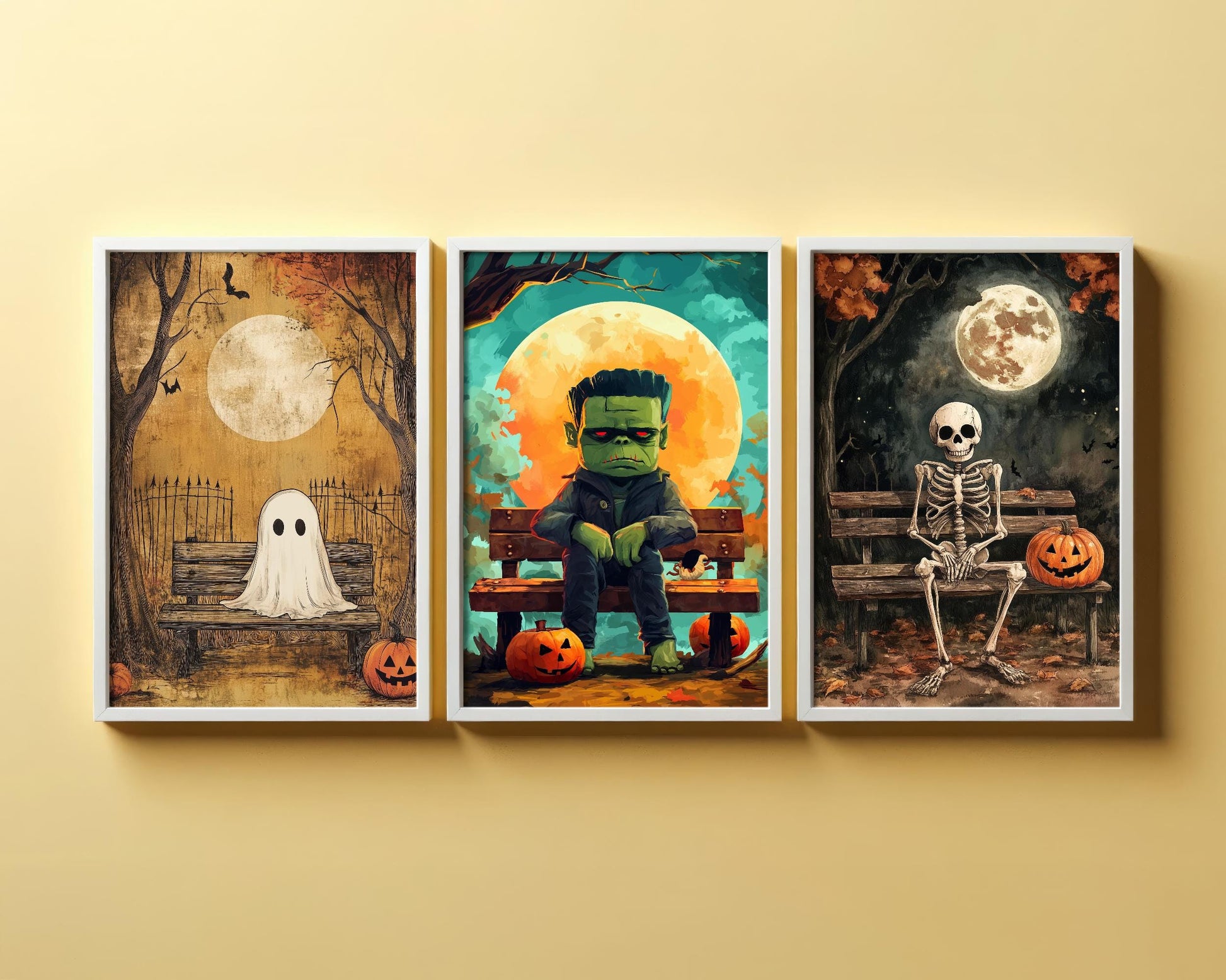 Halloween Cute Characters Set of Three Art Prints - 3 Adorable Ghost, Frankenstein and Skeleton Paintings - Poster Wall Gift Giclée Holiday