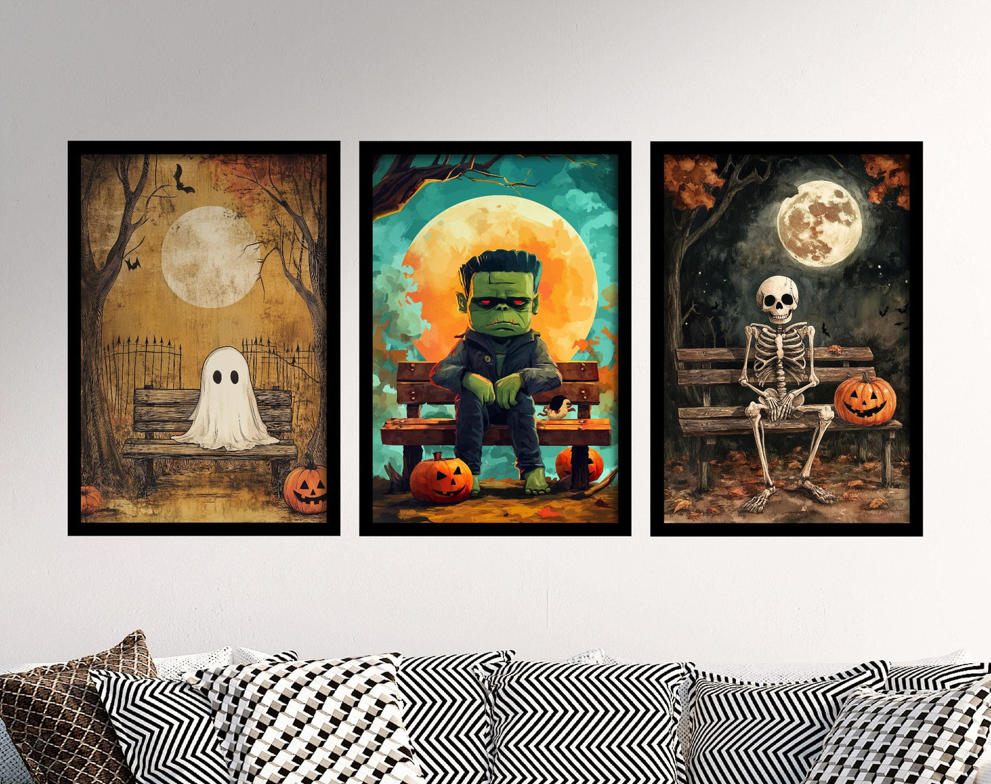 Halloween Cute Characters Set of Three Art Prints - 3 Adorable Ghost, Frankenstein and Skeleton Paintings - Poster Wall Gift Giclée Holiday