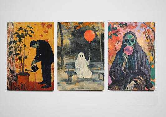 Halloween Chores Set of Three Art Prints - 3 Frankenstein, Ghost and Grim Reaper - Poster Wall Gift Giclée Holiday Funny Humour Painting