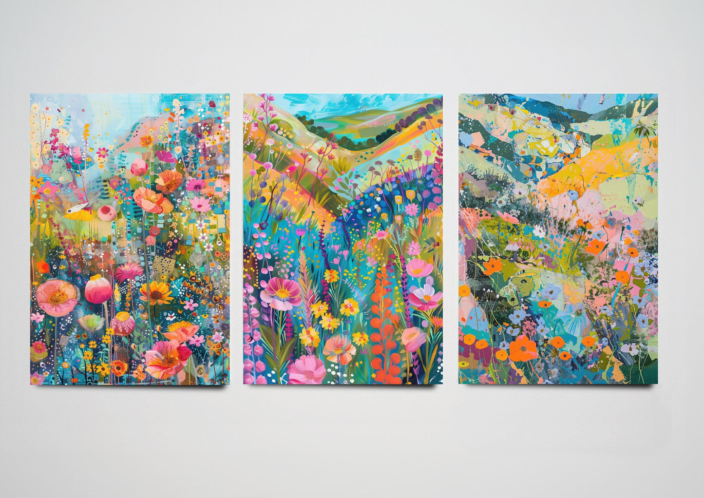 Fields and Flower Meadows in Pastel Collage - Set of Three Art Print Poster - 3 Painting Illustrations Wildlife Wildflower Décor Summer