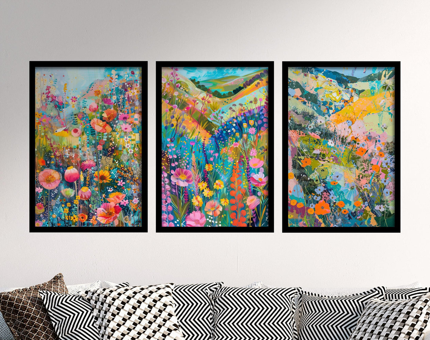 Fields and Flower Meadows in Pastel Collage - Set of Three Art Print Poster - 3 Painting Illustrations Wildlife Wildflower Décor Summer