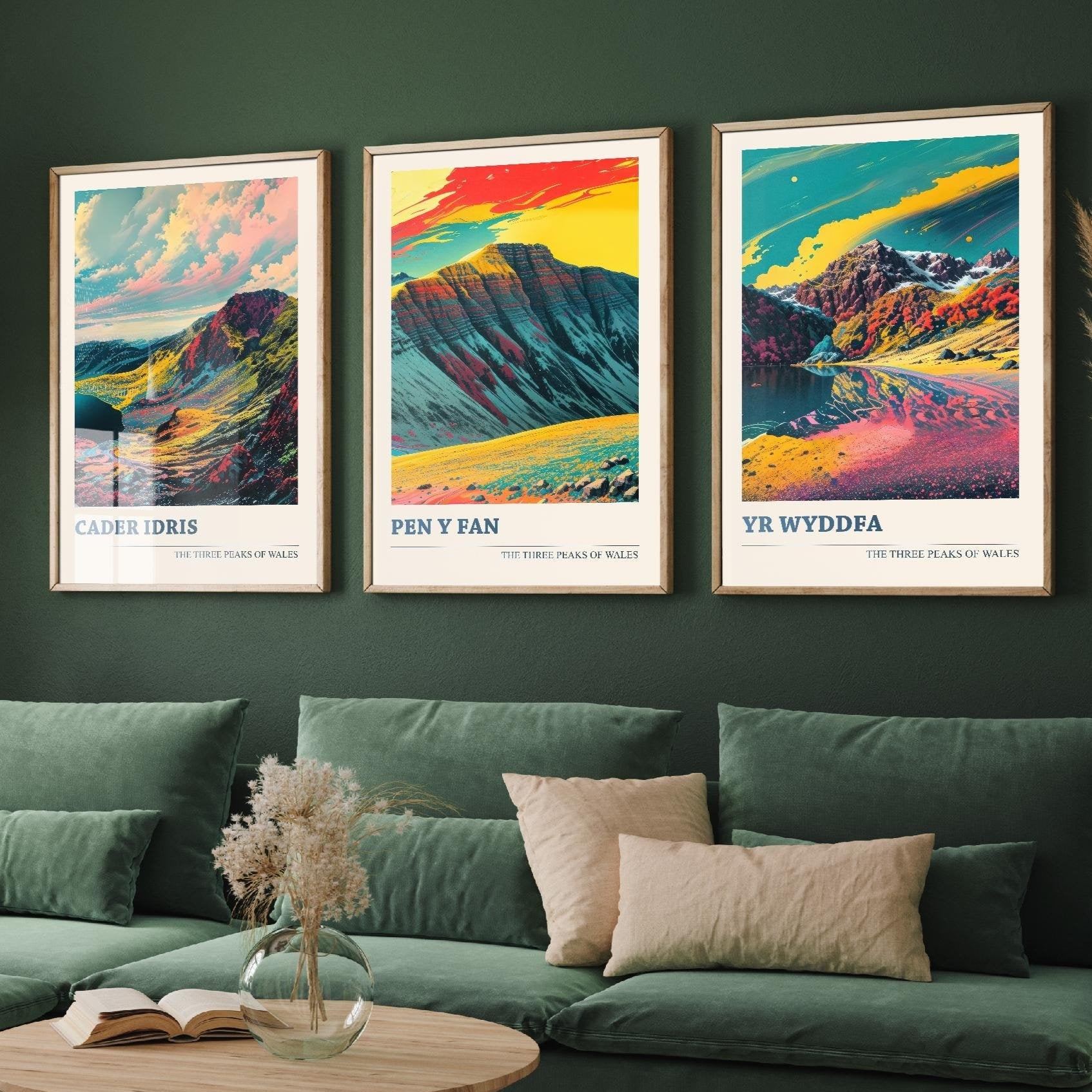 Set of Three Peaks Travel Posters - Cader Idris, Pen y Fan, Yr Wyddfa- 3 Art Prints - Photo Painting Illustration Gift Visit Map Mount