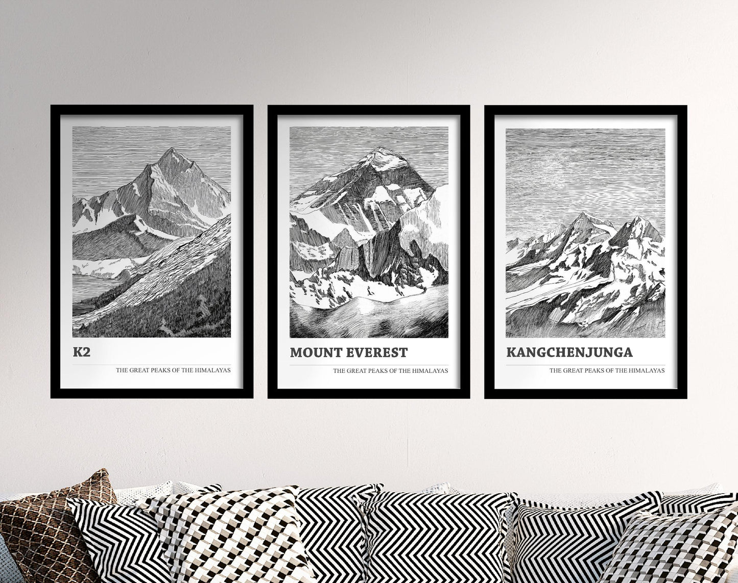 The Great Mountain Peaks, Set of Three Posters - Kangchenjunga, K2, Mount Everest Art Prints - Black and White Ink Sketches Illustrations