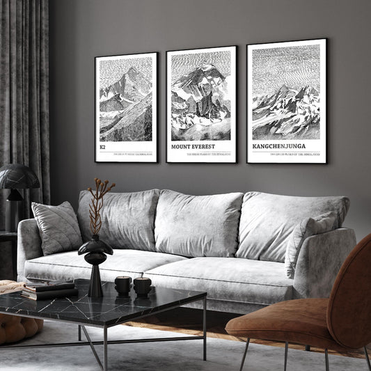 The Great Mountain Peaks, Set of Three Posters - Kangchenjunga, K2, Mount Everest Art Prints - Black and White Ink Sketches Illustrations