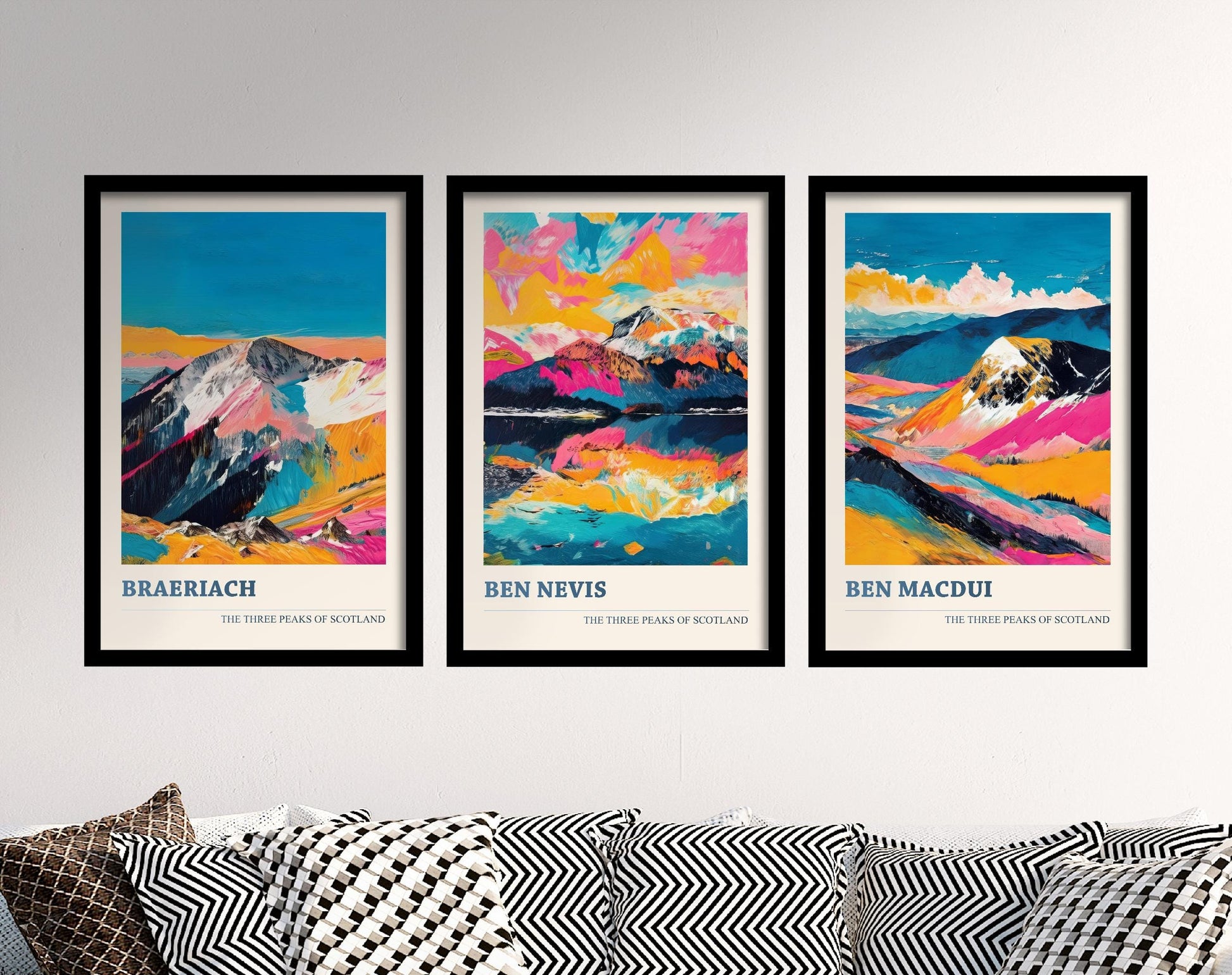 Set of Three Peaks of Scotland Posters - Braeriach, Ben Nevis, Ben Macdui - 3 Art Prints Painting Illustration Gift Visit Map Mount Mountain