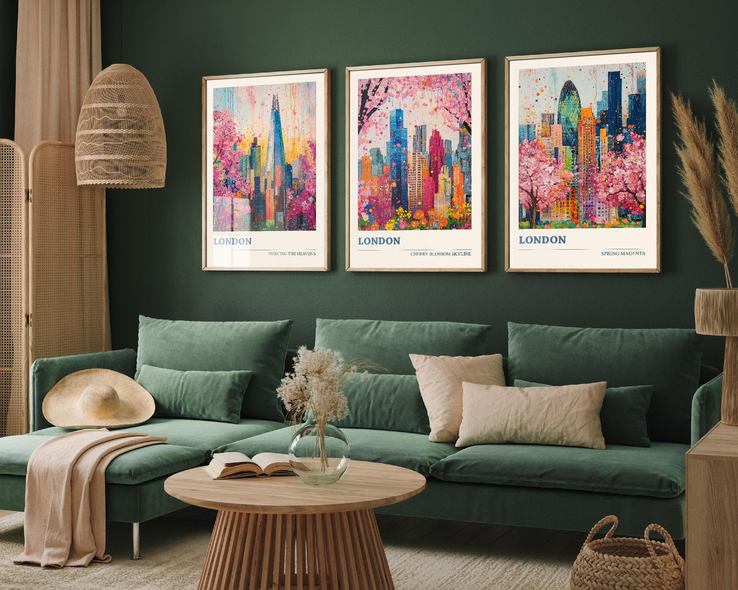 London Cherry Blossom Skylines Set of Three Art Prints - Iconic Skyscrapers with Pink Trees - 3 Posters Painting Illustration Gift Visit