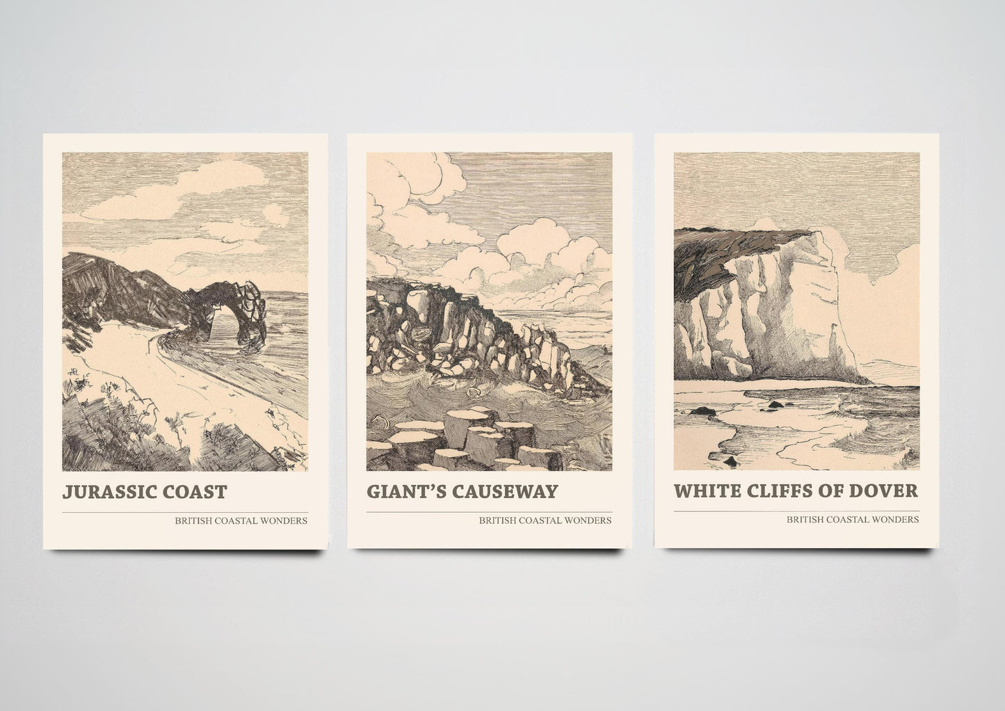 British Coastal Wonders Set of Three Pen & Ink Art Prints - Jurassic Coast, Giant's Causeway, White Cliffs of Dover - 3 Posters Painting