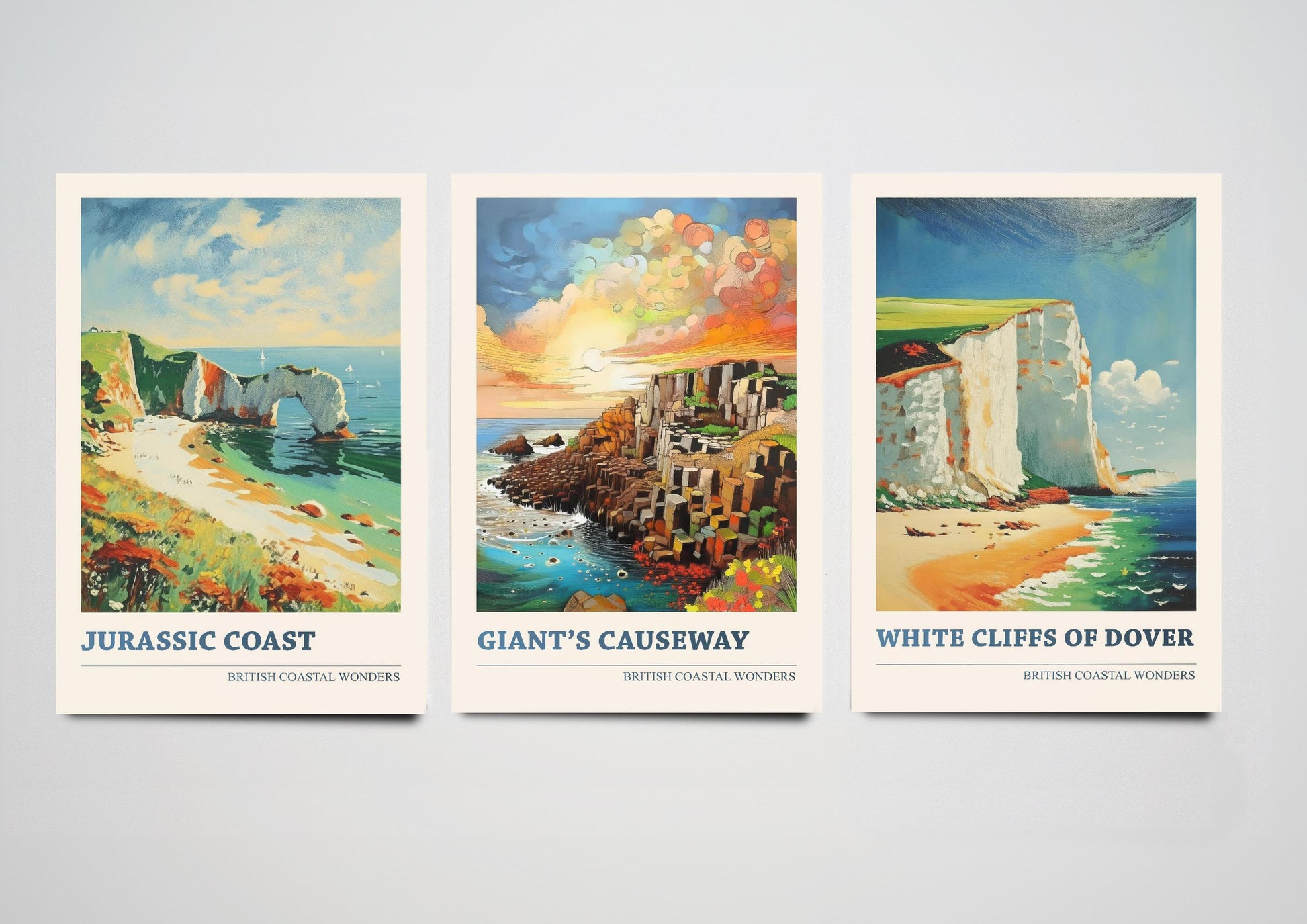 British Coastal Wonders Set of Three Vibrant Art Prints - Jurassic Coast, Giant's Causeway, White Cliffs of Dover - 3 Posters Painting