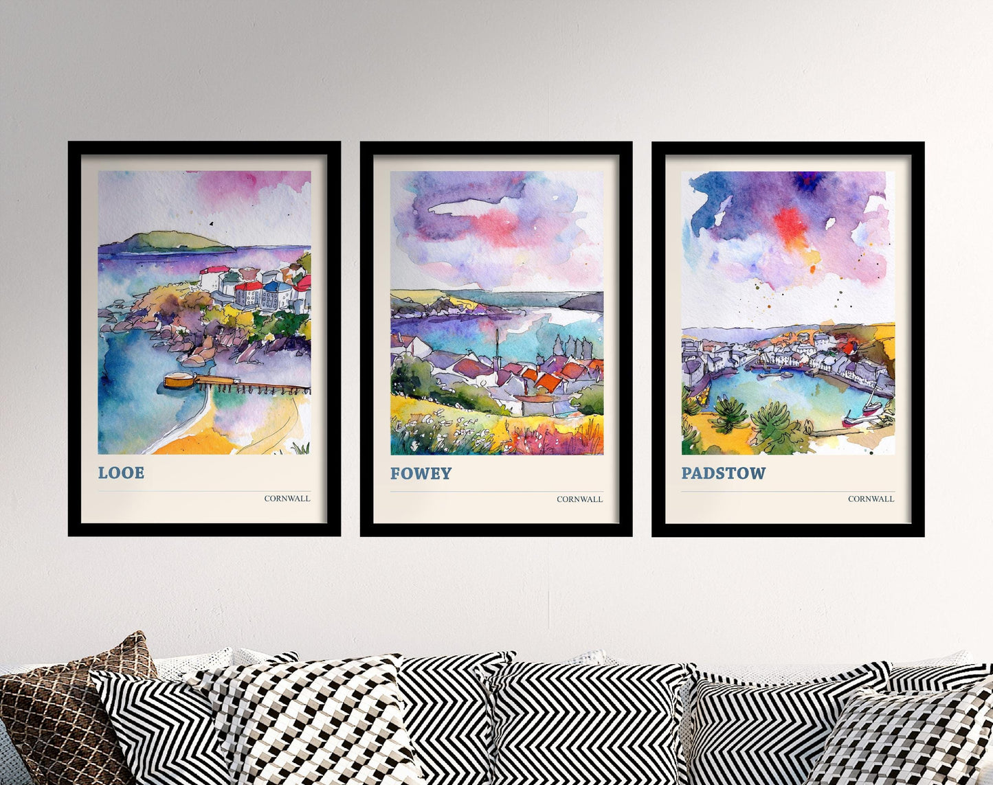 Set of Three Watercolour Paintings of Looe, Fowey and Padstow - Cornwall Art Prints Colourful Paintings - Set of 3 Home Wall Décor Posters