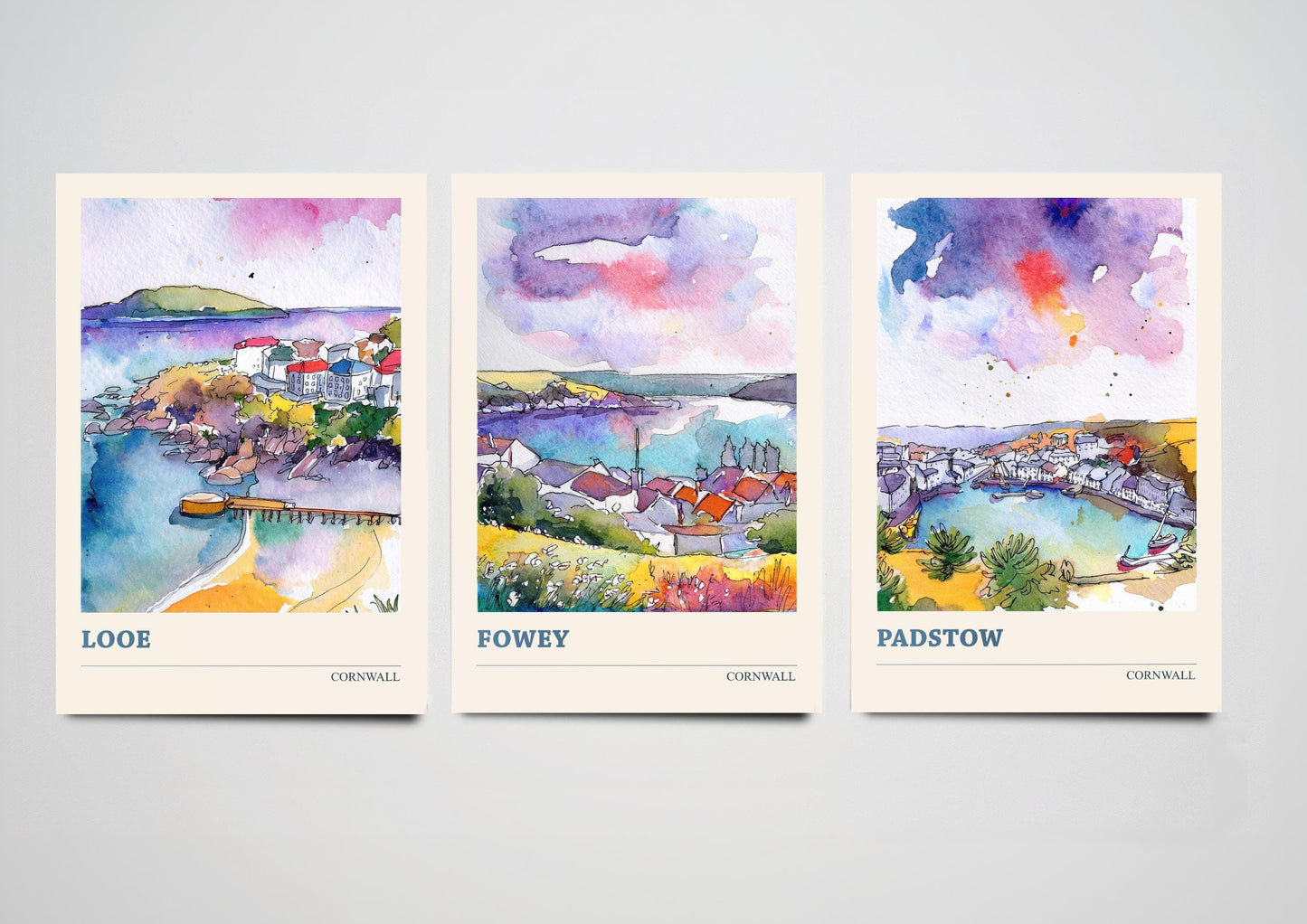 Set of Three Watercolour Paintings of Looe, Fowey and Padstow - Cornwall Art Prints Colourful Paintings - Set of 3 Home Wall Décor Posters