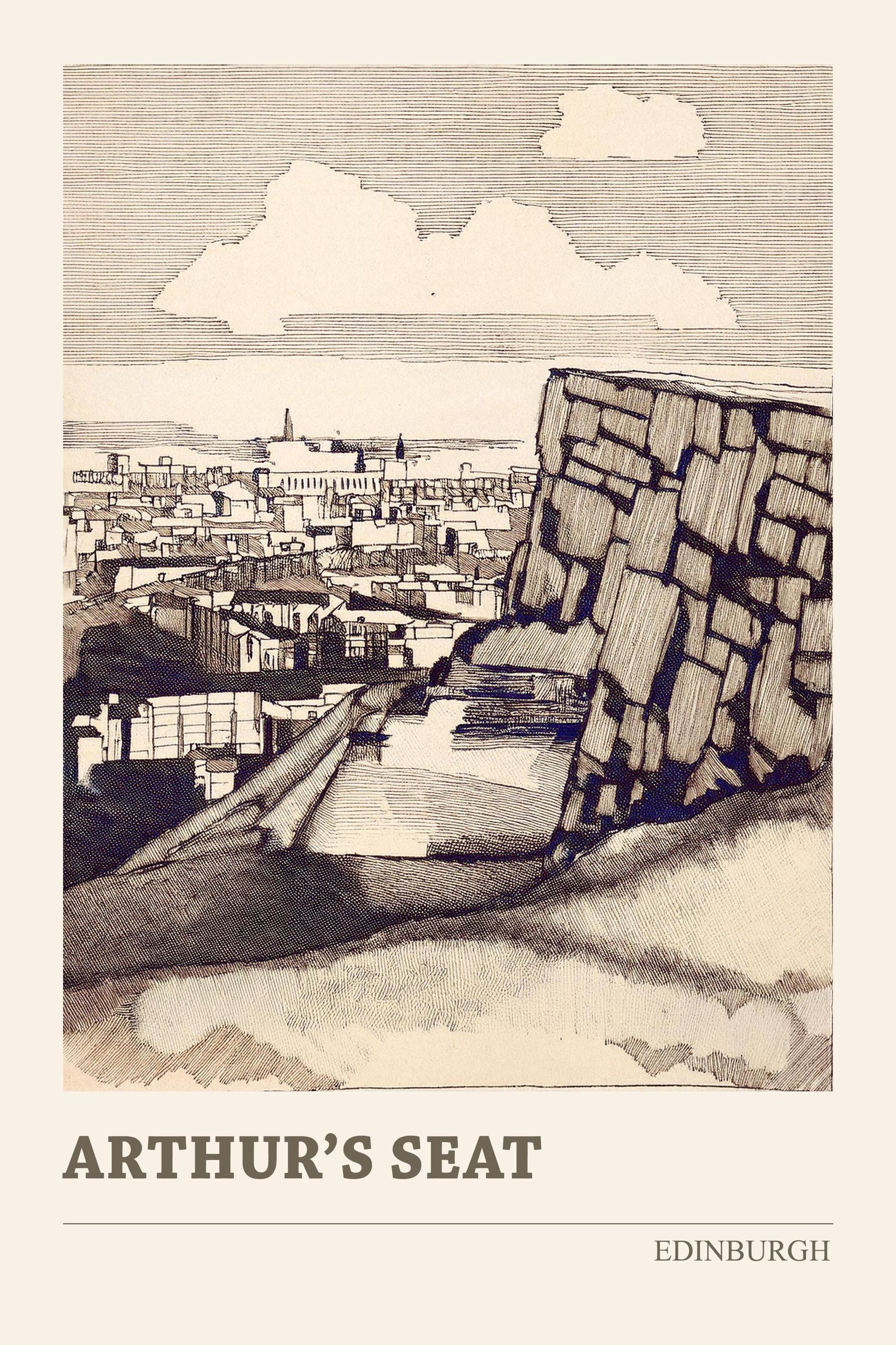 Set of Three Edinburgh Posters - Calton Hill, Arthur's Seat and Edinburgh Castle - 3 Pen Ink Drawing Art Prints Painting Sepia Aged Vintage