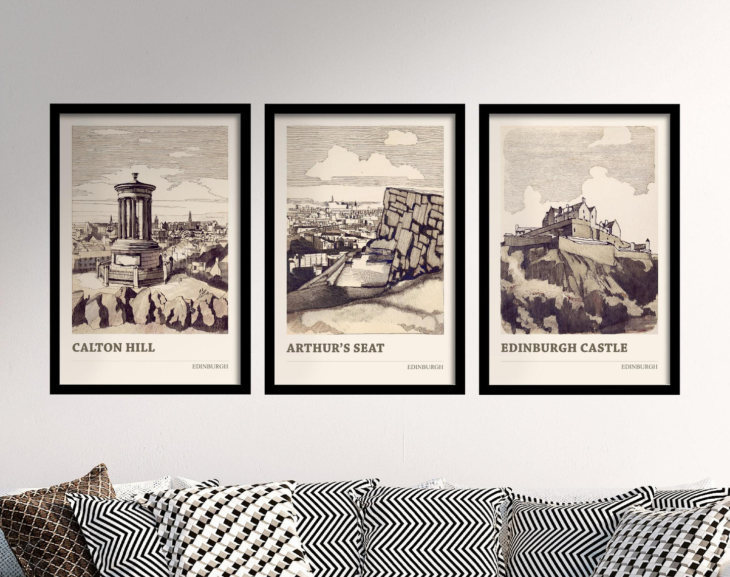 Set of Three Edinburgh Posters - Calton Hill, Arthur's Seat and Edinburgh Castle - 3 Pen Ink Drawing Art Prints Painting Sepia Aged Vintage