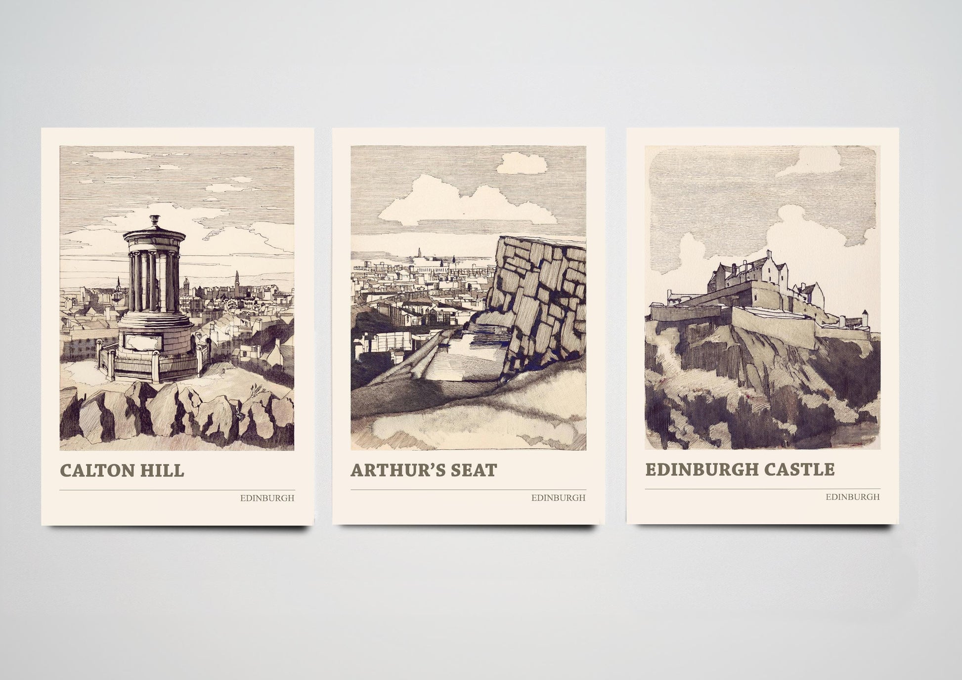 Set of Three Edinburgh Posters - Calton Hill, Arthur's Seat and Edinburgh Castle - 3 Pen Ink Drawing Art Prints Painting Sepia Aged Vintage