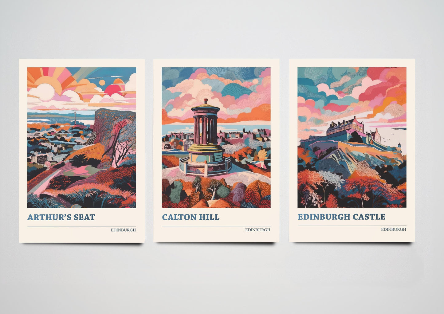 Set of Three Edinburgh Posters - Arthur's Seat, Calton Hill & Edinburgh Castle - 3 Abstract Colourful Art Prints Painting Illustration