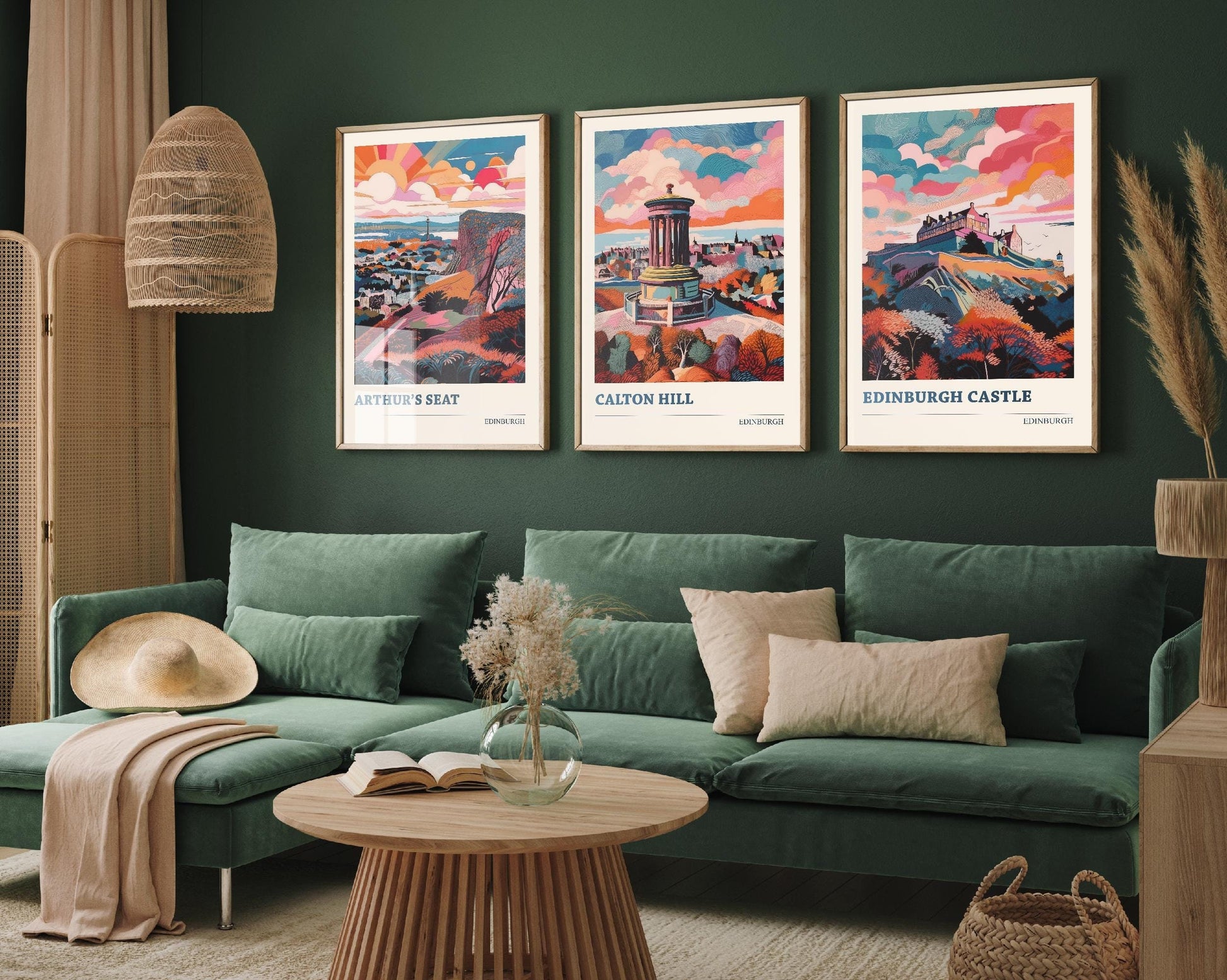 Set of Three Edinburgh Posters - Arthur's Seat, Calton Hill & Edinburgh Castle - 3 Abstract Colourful Art Prints Painting Illustration