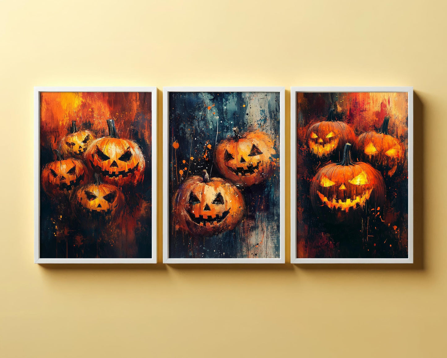 Halloween Pumpkin Brush Strokes Set of Three Paintings - 3 Orange Carved Spooky Art Prints - Poster Wall Gift Giclée Holiday Décor