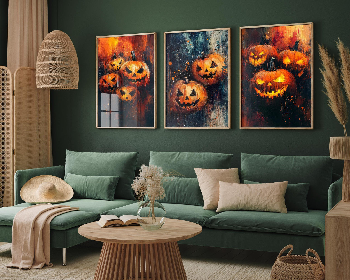 Halloween Pumpkin Brush Strokes Set of Three Paintings - 3 Orange Carved Spooky Art Prints - Poster Wall Gift Giclée Holiday Décor