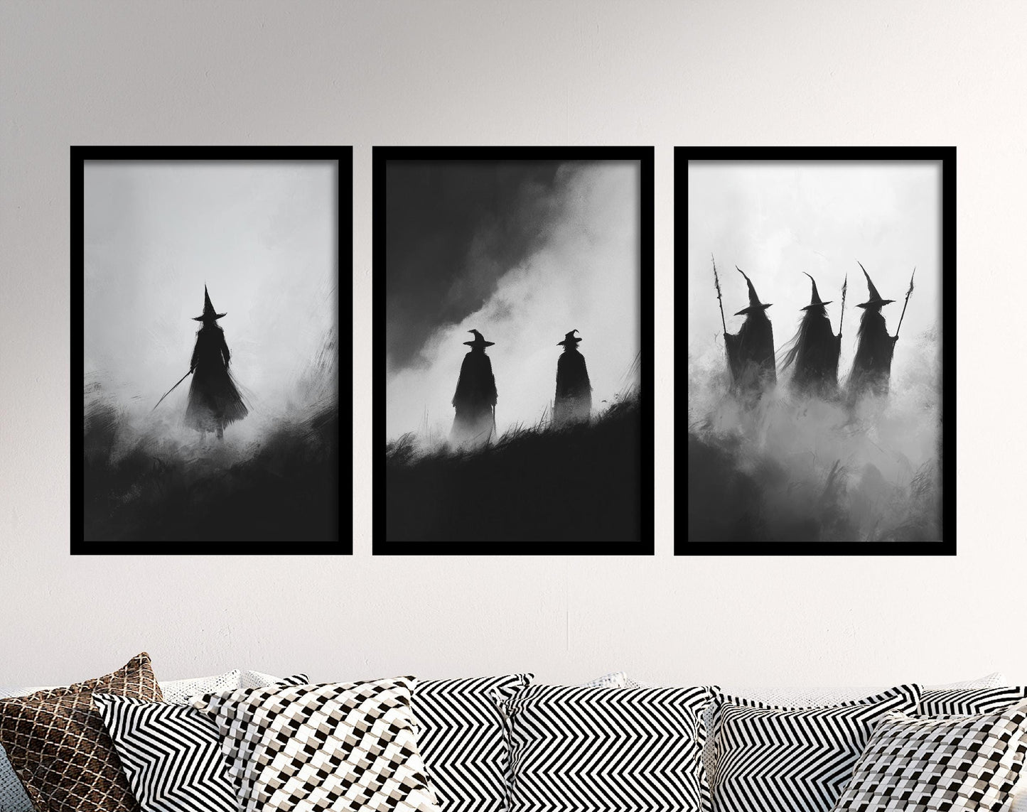 Witches in Halloween Fog Set of Three Art Prints - 3 Spooky Cloak Paintings - Poster Wall Gift Giclée Holiday Creepy Horror B&W Greyscale