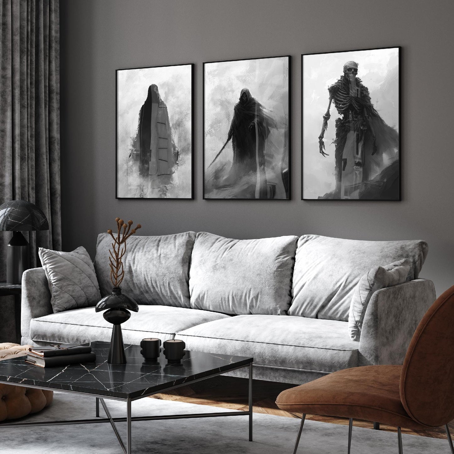 Hooded Skeleton in Halloween Fog Set of Three Art Prints - 3 Spooky Paintings - Poster Wall Gift Giclée Holiday Creepy Horror Greyscale