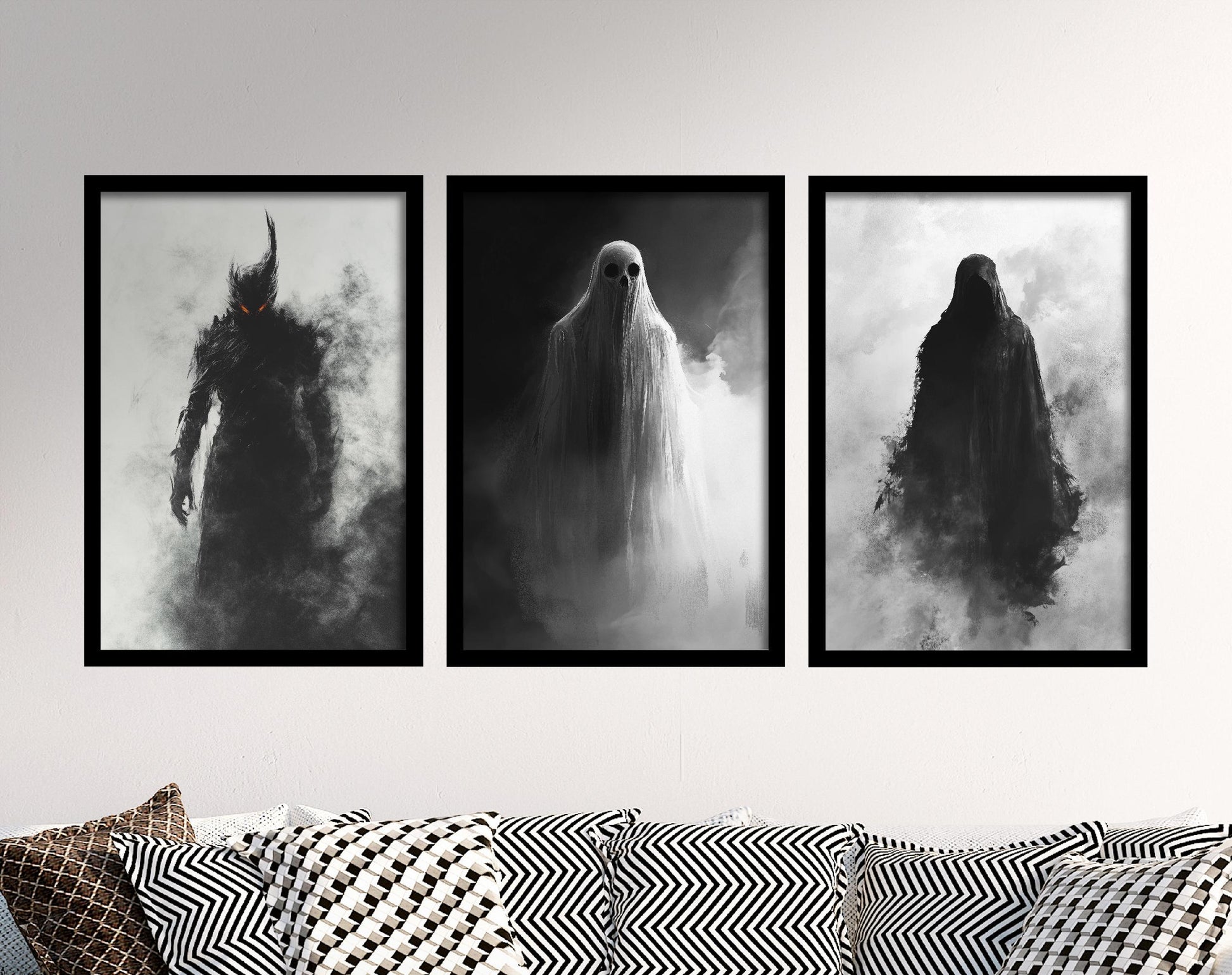 Nightmares in Halloween Fog Set of Three Art Prints - 3 Demon, Ghost and Grim Reaper Paintings - Poster Wall Gift Giclée Holiday Greyscale