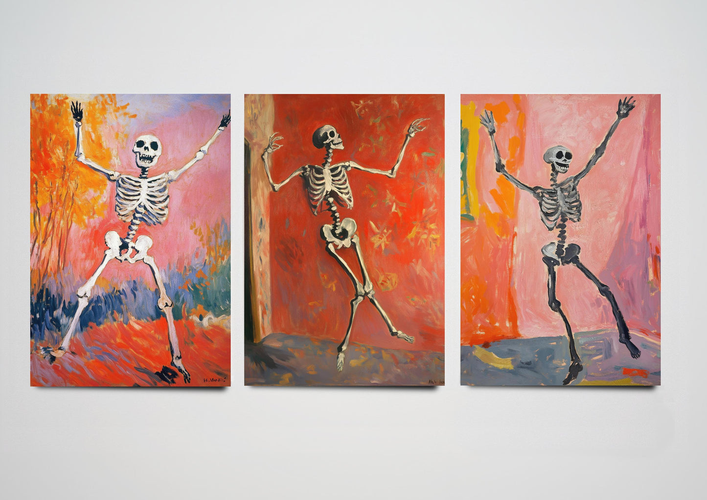 Halloween Dancing Skeleton Set of Three Art Prints - 3 Funny Paintings - Poster Wall Gift Giclée Holiday Bones Laughing Humour