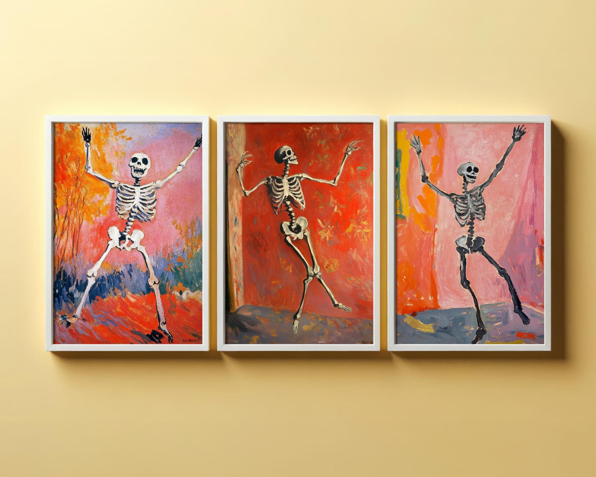 Halloween Dancing Skeleton Set of Three Art Prints - 3 Funny Paintings - Poster Wall Gift Giclée Holiday Bones Laughing Humour