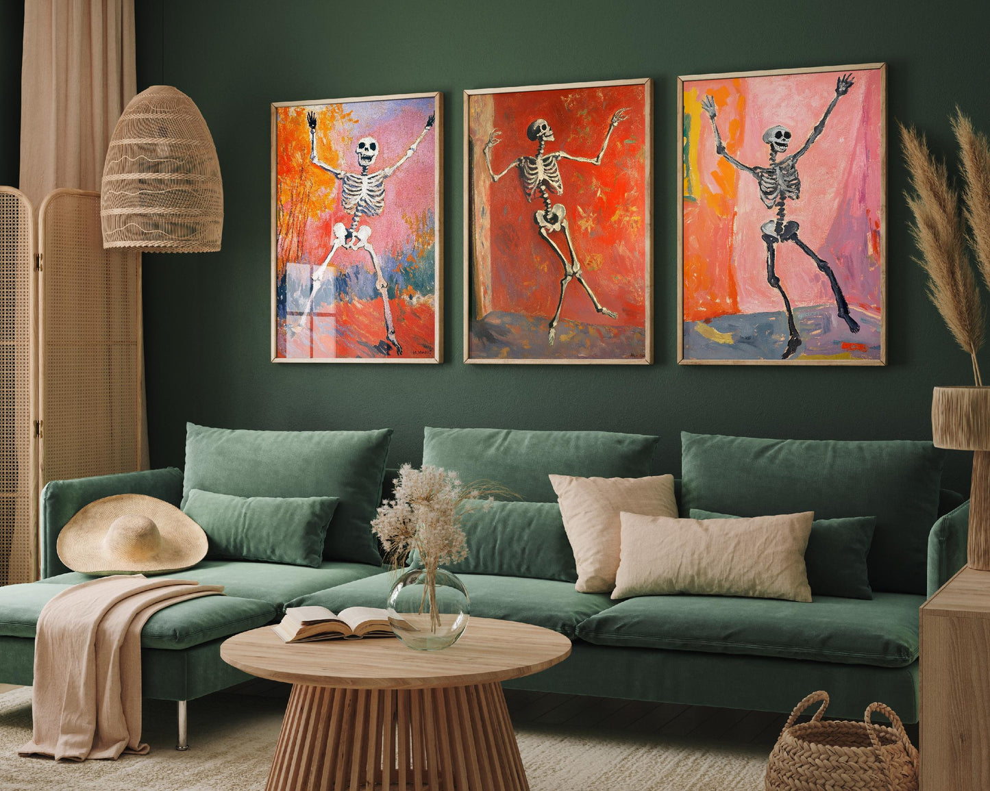 Halloween Dancing Skeleton Set of Three Art Prints - 3 Funny Paintings - Poster Wall Gift Giclée Holiday Bones Laughing Humour