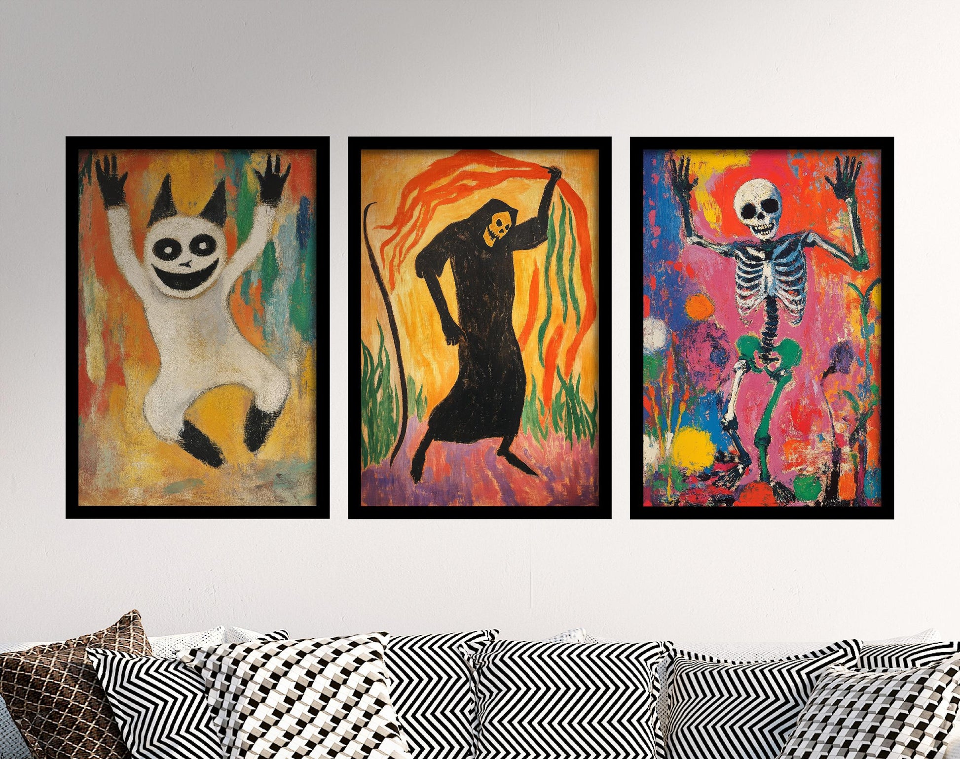 Halloween Dancing Characters Set of Three Art Prints - 3 Funny Ghost, Grim Reaper and Skeleton Paintings - Poster Wall Gift Giclée Holiday