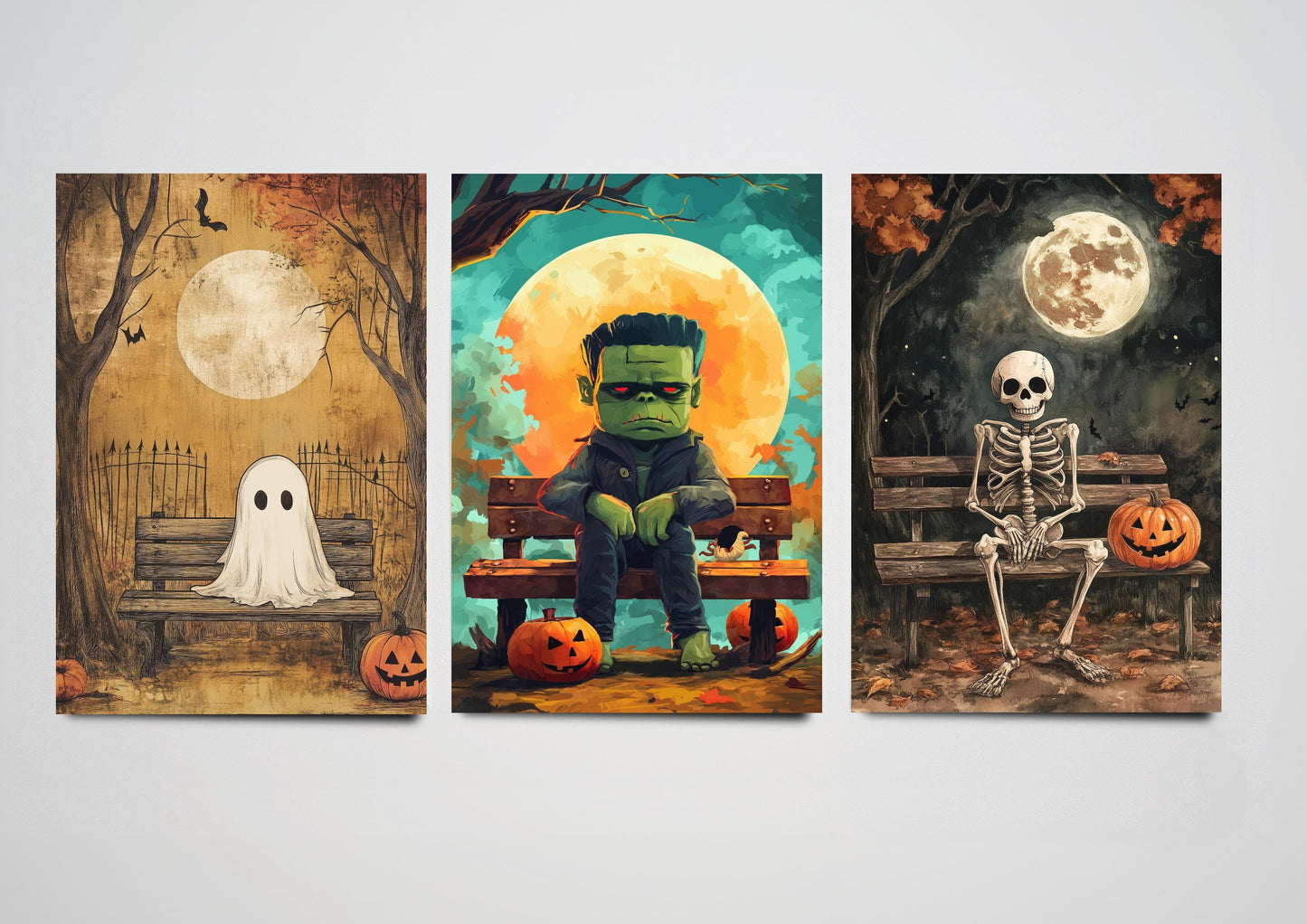 Halloween Cute Characters Set of Three Art Prints - 3 Adorable Ghost, Frankenstein and Skeleton Paintings - Poster Wall Gift Giclée Holiday