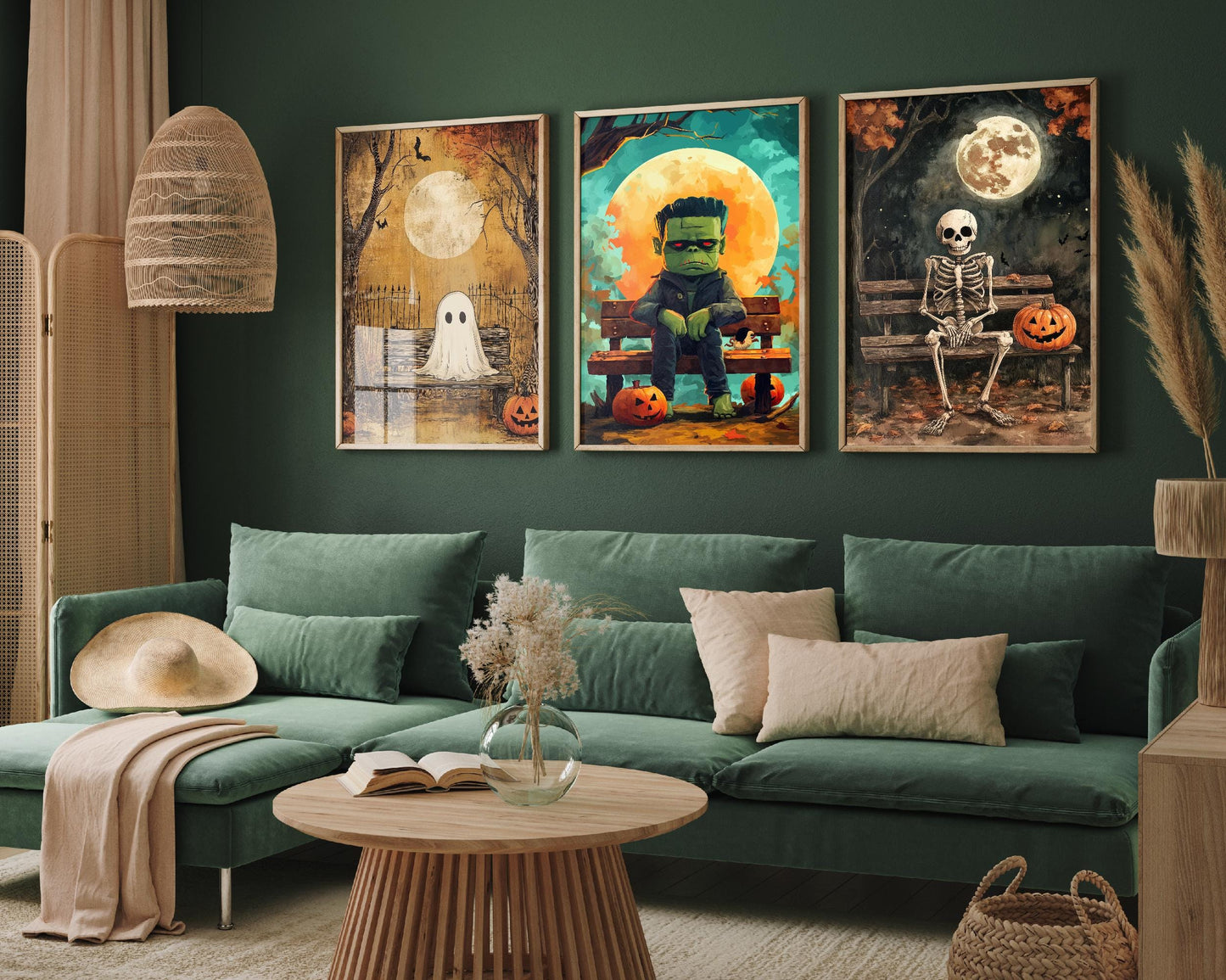 Halloween Cute Characters Set of Three Art Prints - 3 Adorable Ghost, Frankenstein and Skeleton Paintings - Poster Wall Gift Giclée Holiday