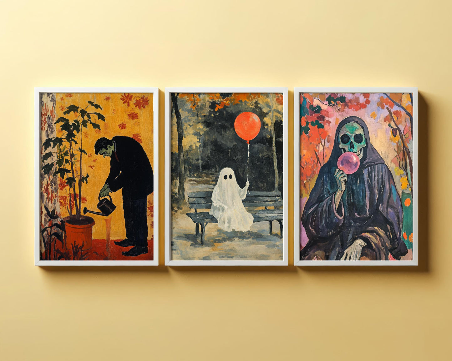 Halloween Chores Set of Three Art Prints - 3 Frankenstein, Ghost and Grim Reaper - Poster Wall Gift Giclée Holiday Funny Humour Painting