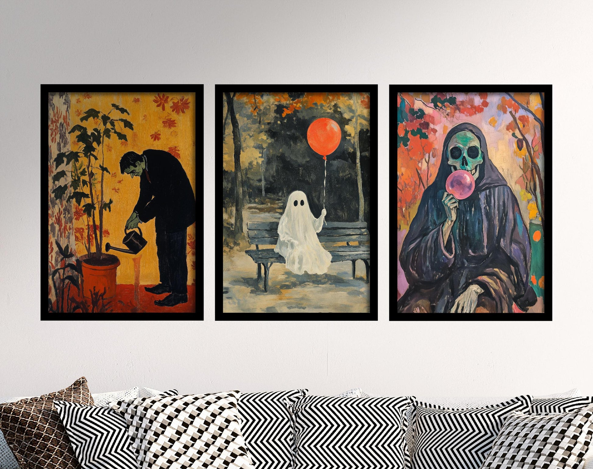 Halloween Chores Set of Three Art Prints - 3 Frankenstein, Ghost and Grim Reaper - Poster Wall Gift Giclée Holiday Funny Humour Painting