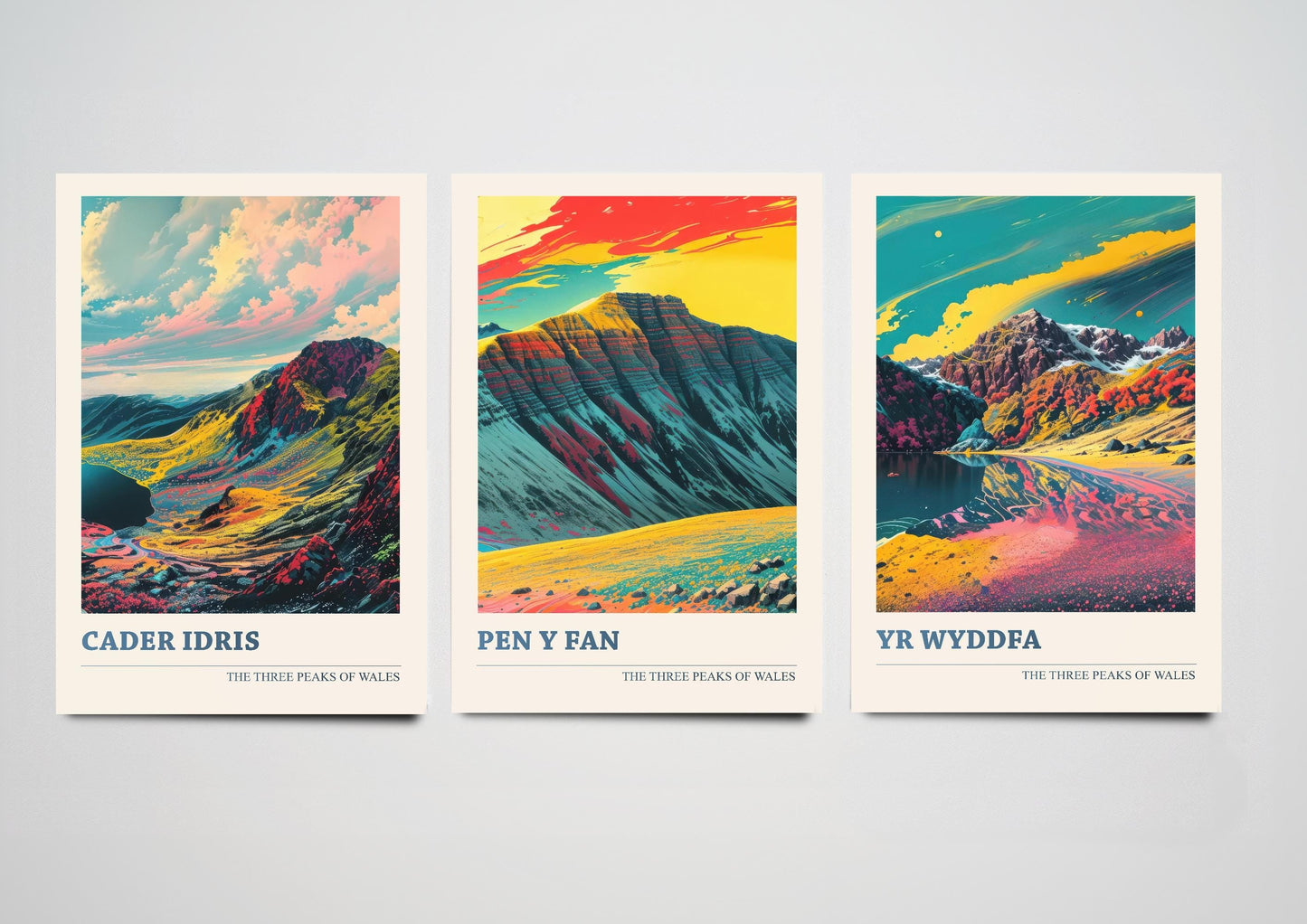 Set of Three Peaks Travel Posters - Cader Idris, Pen y Fan, Yr Wyddfa- 3 Art Prints - Photo Painting Illustration Gift Visit Map Mount