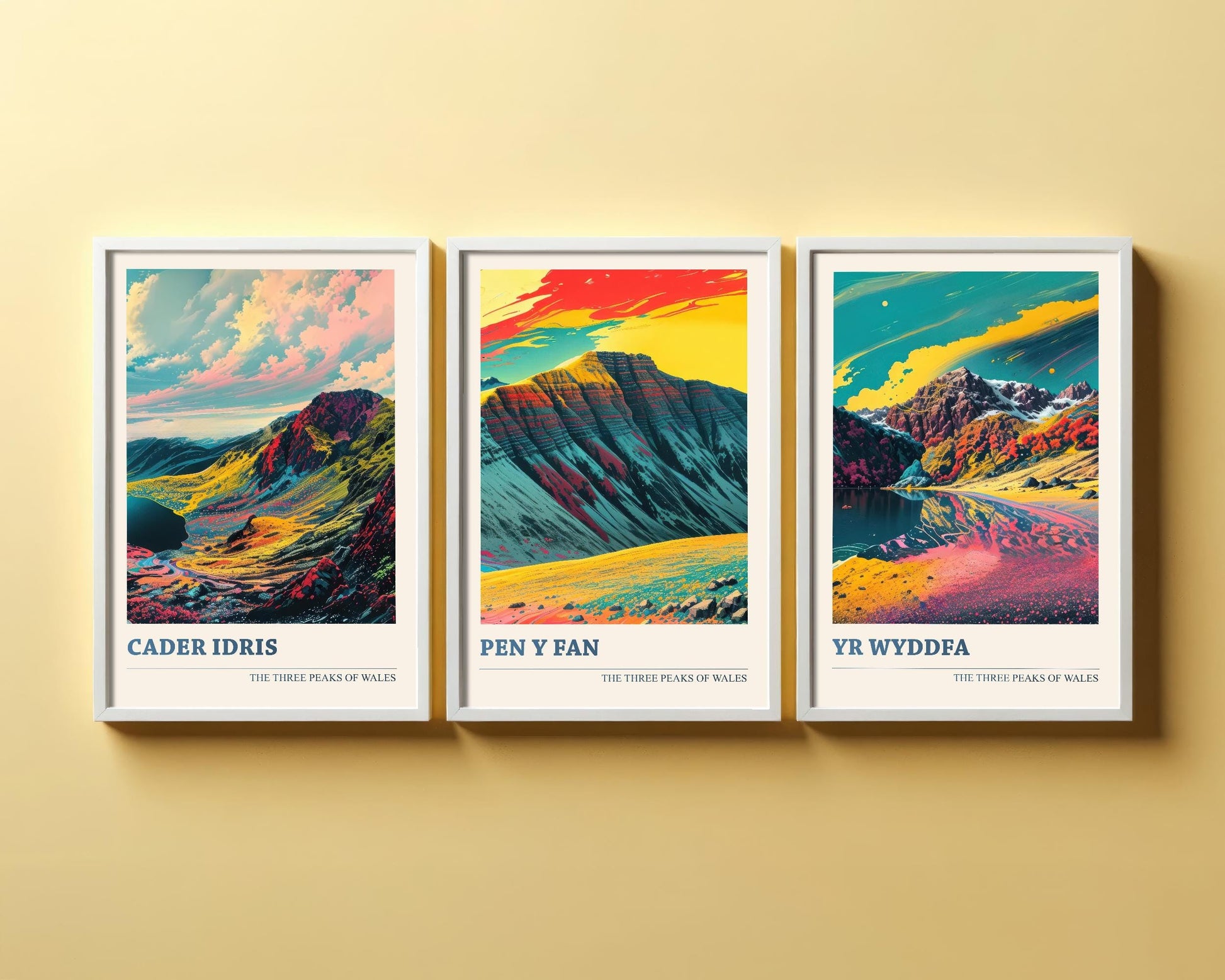 Set of Three Peaks Travel Posters - Cader Idris, Pen y Fan, Yr Wyddfa- 3 Art Prints - Photo Painting Illustration Gift Visit Map Mount