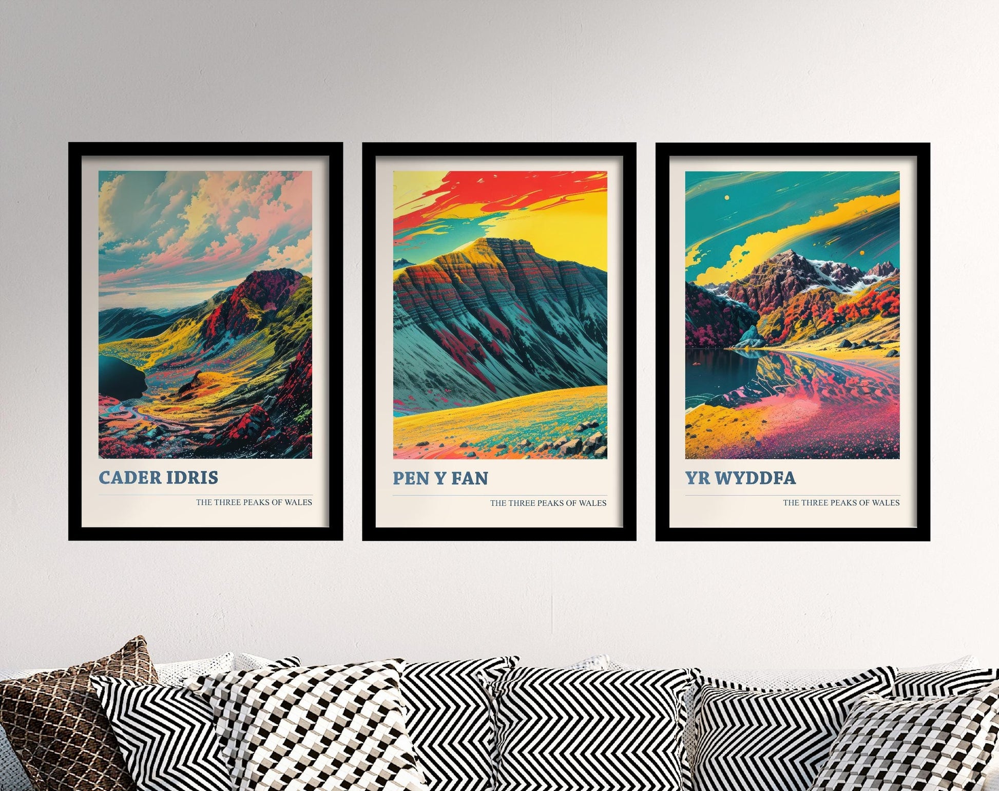 Set of Three Peaks Travel Posters - Cader Idris, Pen y Fan, Yr Wyddfa- 3 Art Prints - Photo Painting Illustration Gift Visit Map Mount