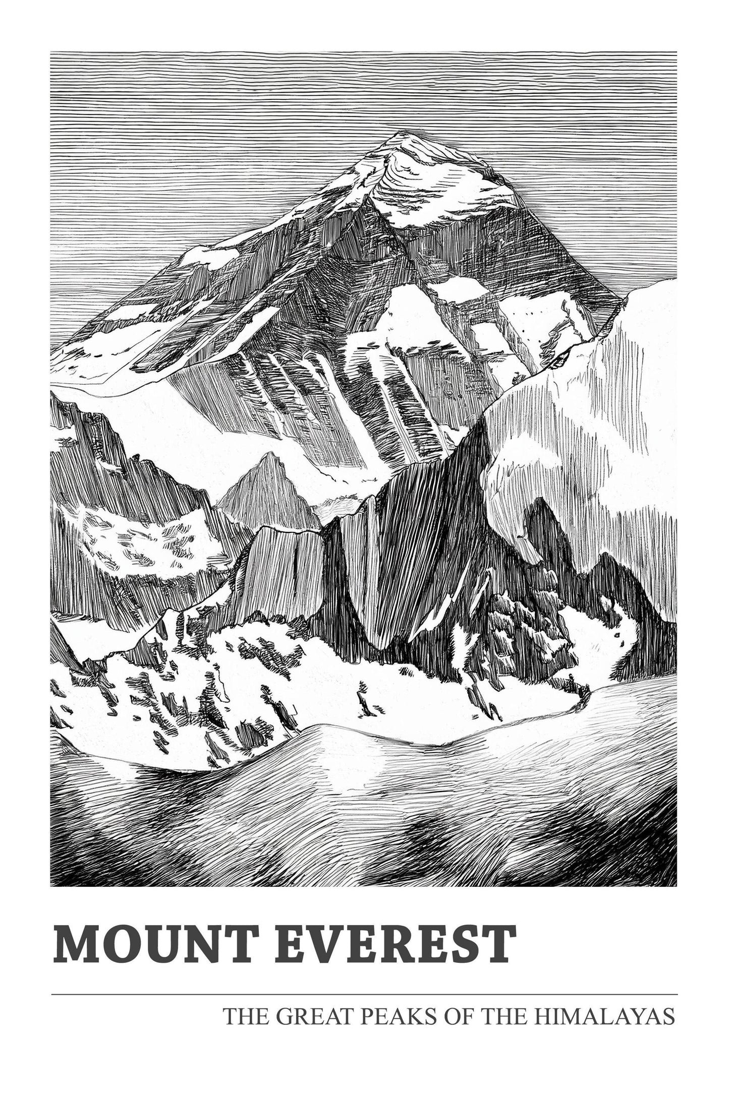 The Great Mountain Peaks, Set of Three Posters - Kangchenjunga, K2, Mount Everest Art Prints - Black and White Ink Sketches Illustrations