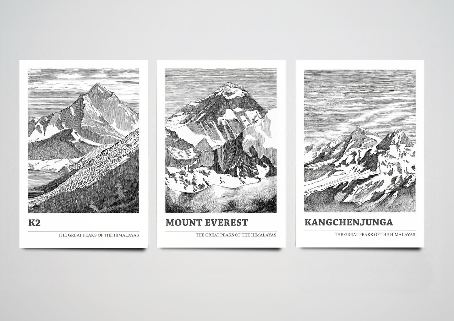 The Great Mountain Peaks, Set of Three Posters - Kangchenjunga, K2, Mount Everest Art Prints - Black and White Ink Sketches Illustrations