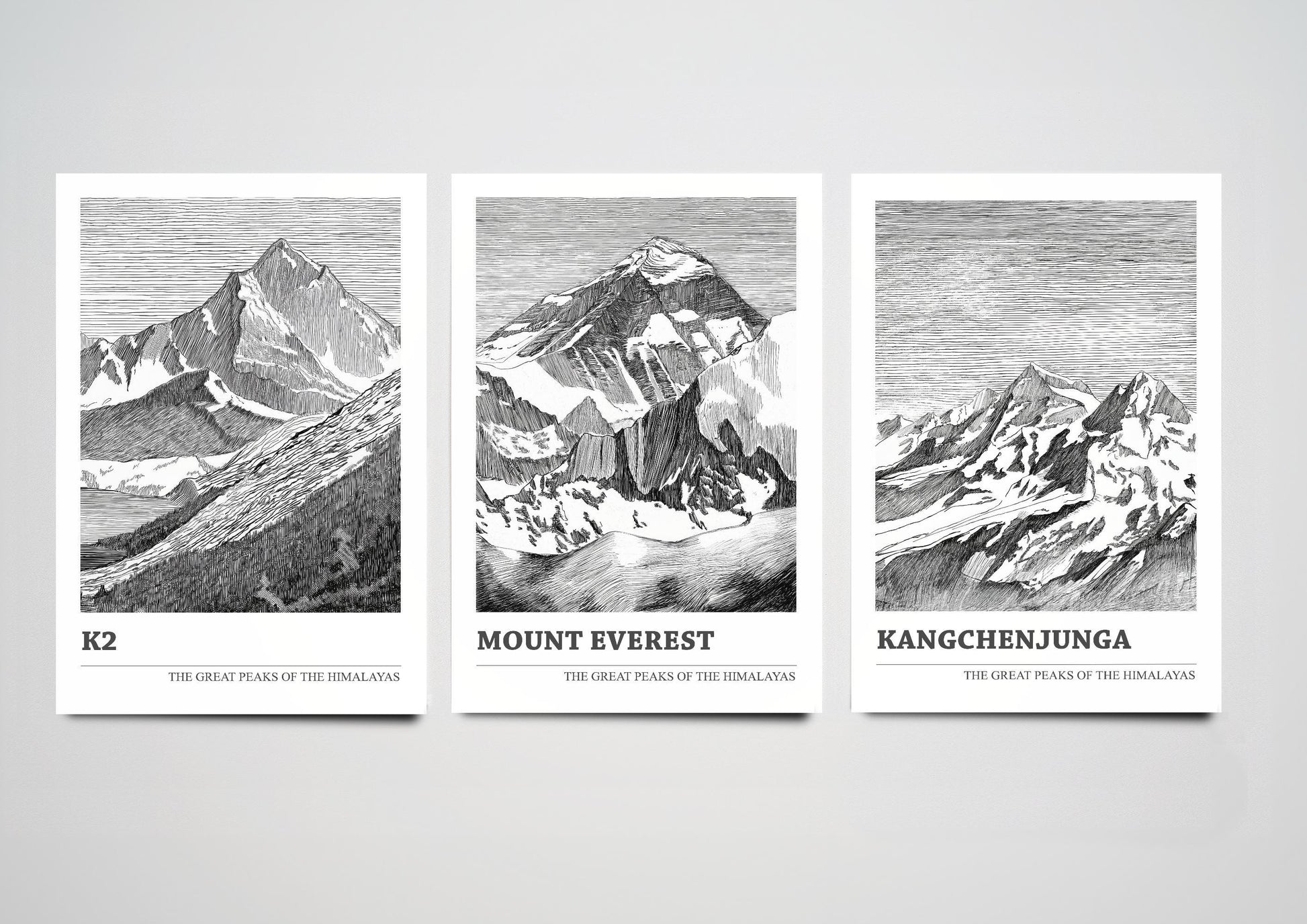 The Great Mountain Peaks, Set of Three Posters - Kangchenjunga, K2, Mount Everest Art Prints - Black and White Ink Sketches Illustrations