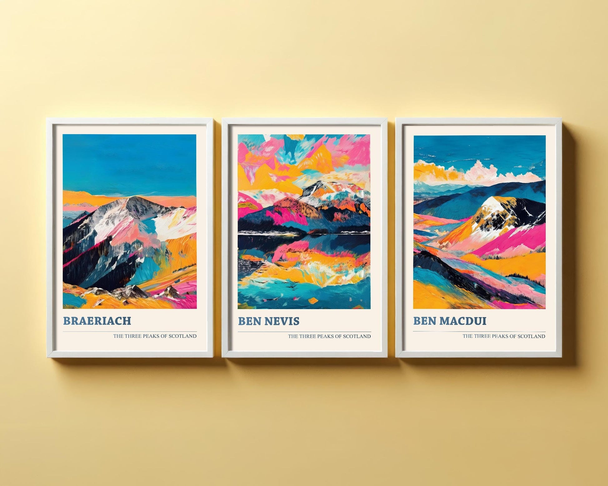 Set of Three Peaks of Scotland Posters - Braeriach, Ben Nevis, Ben Macdui - 3 Art Prints Painting Illustration Gift Visit Map Mount Mountain